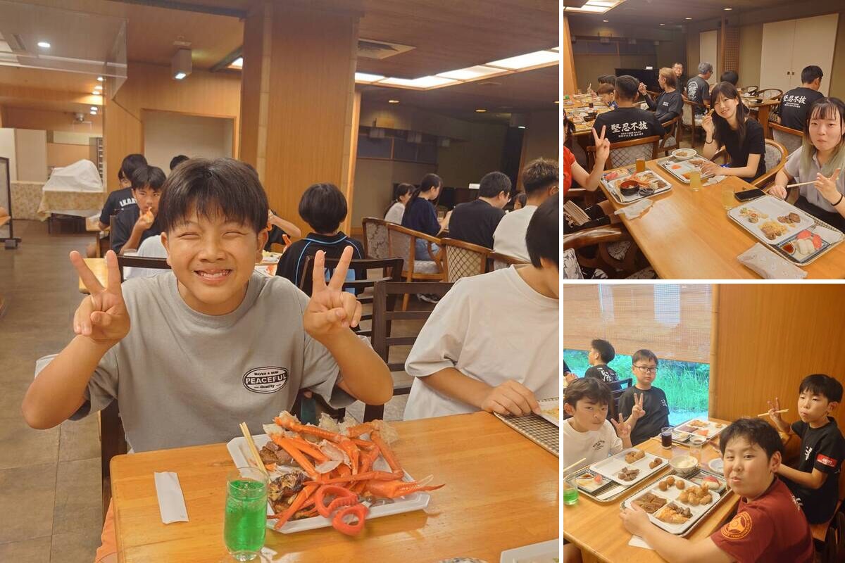 夏合宿の夕食を笑顔で楽しむ道場生たち